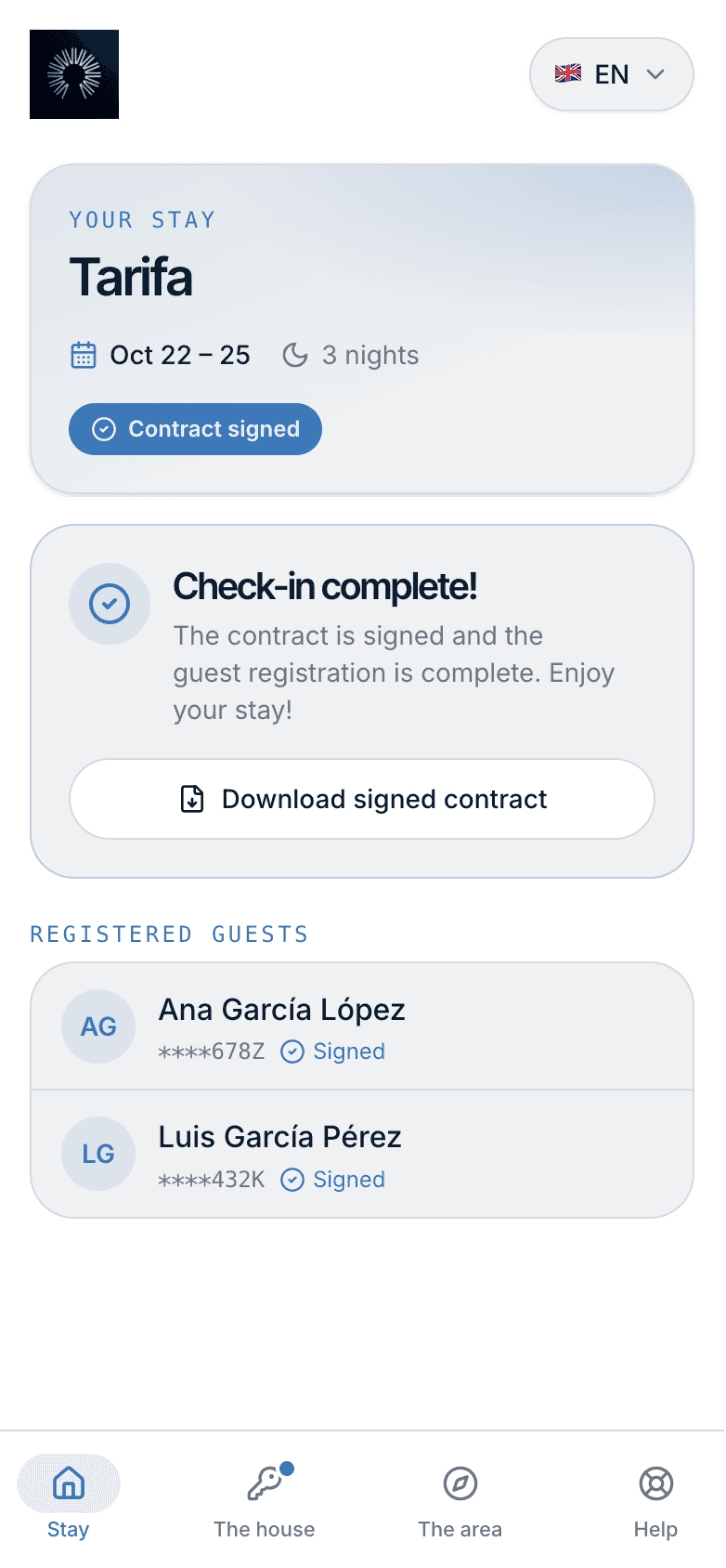 The guest portal on a phone. Stay: dates, registration and guests