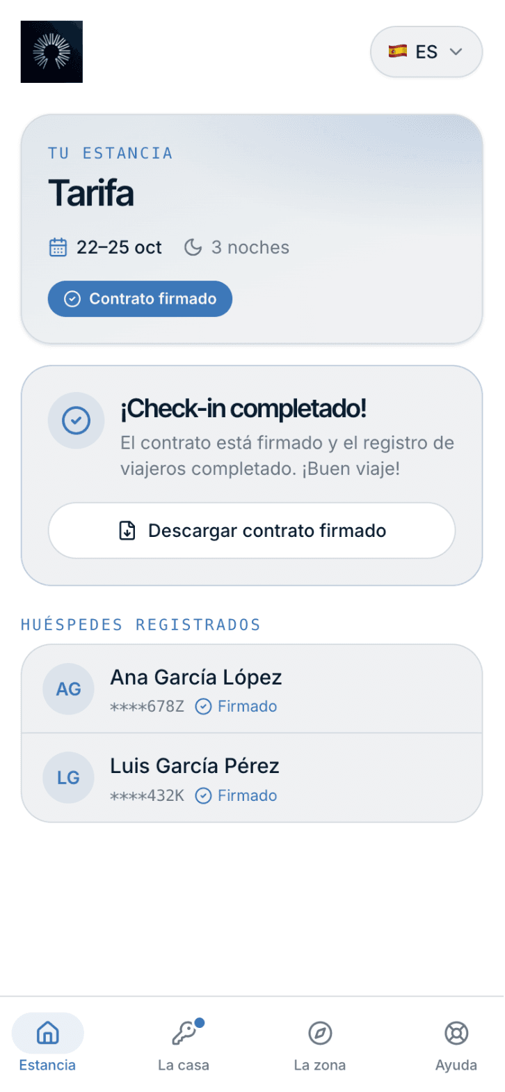 El portal del huésped en el móvil. Estancia: fechas, registro y huéspedes