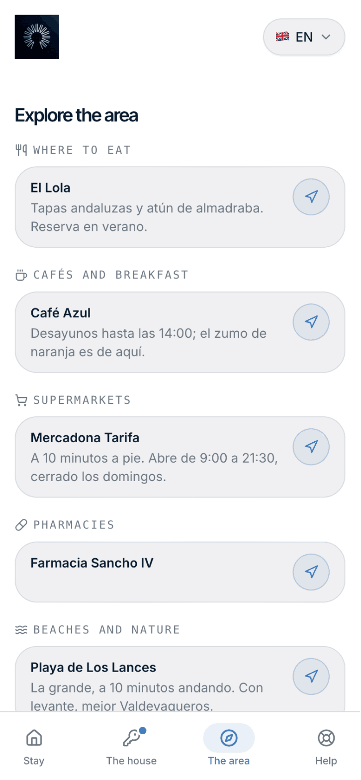 The guest portal on a phone. The area: your recommendations with a map